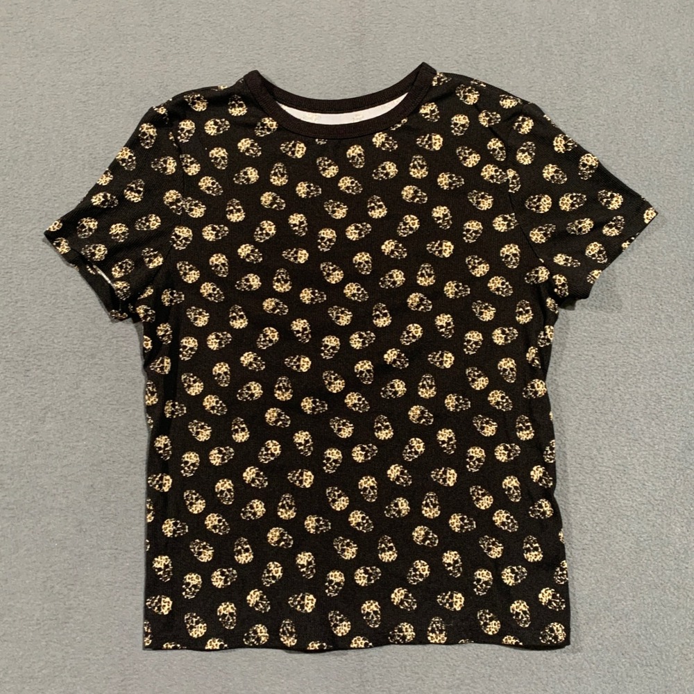 NOBO Women's Skull Leopard Print Short Sleeve T-Shirt XL 15-17 Black Biker Goth